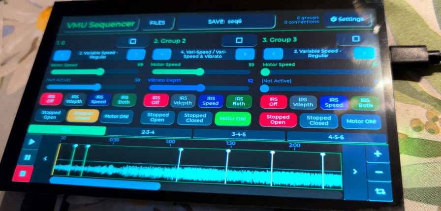 VMU Sequencer interface showing three groups with waveform timeline