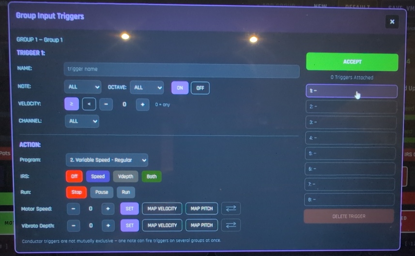 Group Input Triggers configuration dialog in the web tool